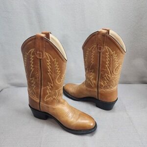 Old West Cowboy Boots Tan Leather Western Stitch Round Toe Women 4M Y1129G